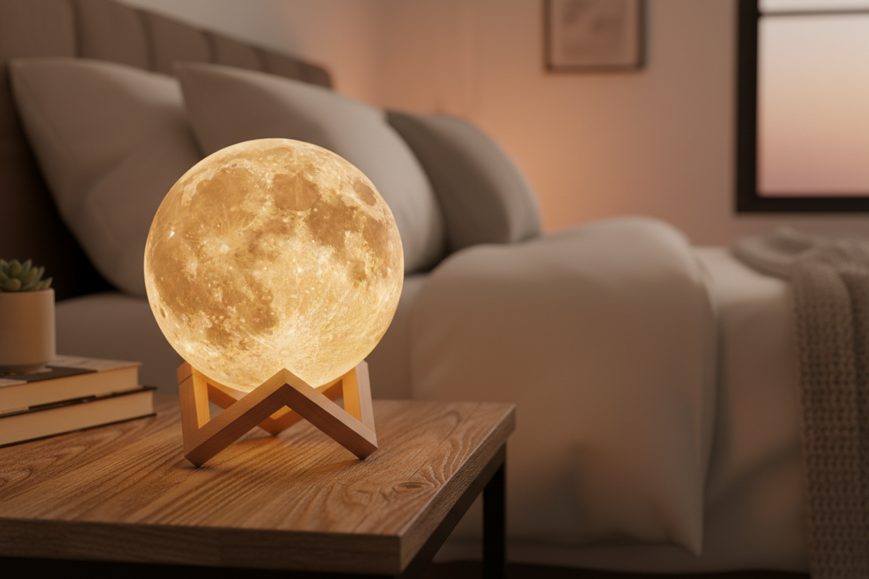 Lampe lune Just Luna sur chevet en bois